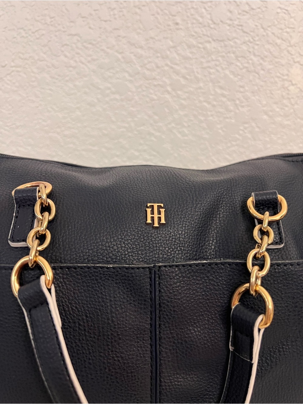 Tommy Hilfiger Navy Blue Pebble Grain Tote Bag Gold Chain Shoulder Purse - Picture 4 of 10
